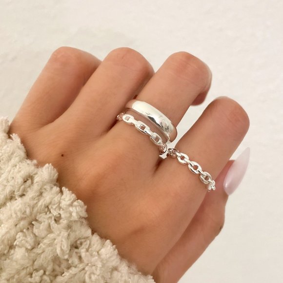 925 Sterling Silver Chain Link Ring Double Layer Stacking Ring Minimalist Ring - Picture 7 of 7